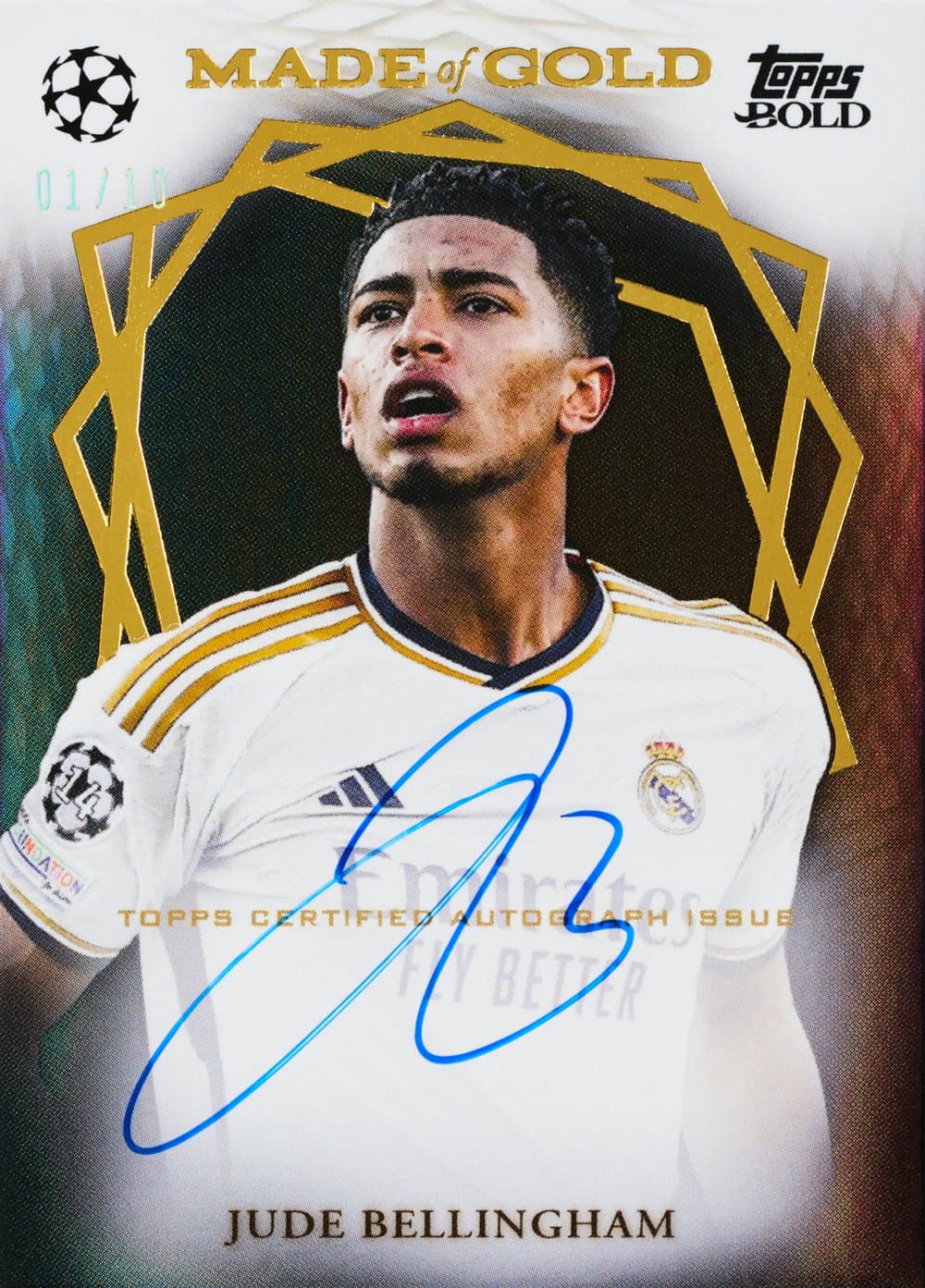 Jude Bellingham soccer trading card, 2025 Topps Definitive UCC Soccer Bellingham Made Of Gold Auto Black Foil parallel from 2024-25 Topps Definitive UEFA Club Competitions by Topps