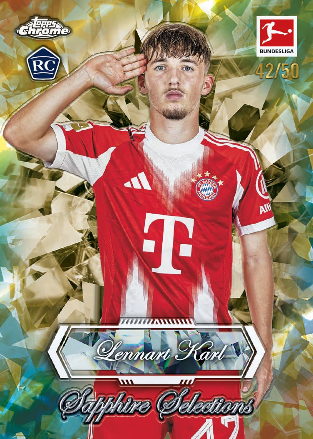 Sapphire soccer trading card, 26 CBUN 4504 FR Gold parallel from 2025-26 Topps Chrome Bundesliga Sapphire Edition by Topps