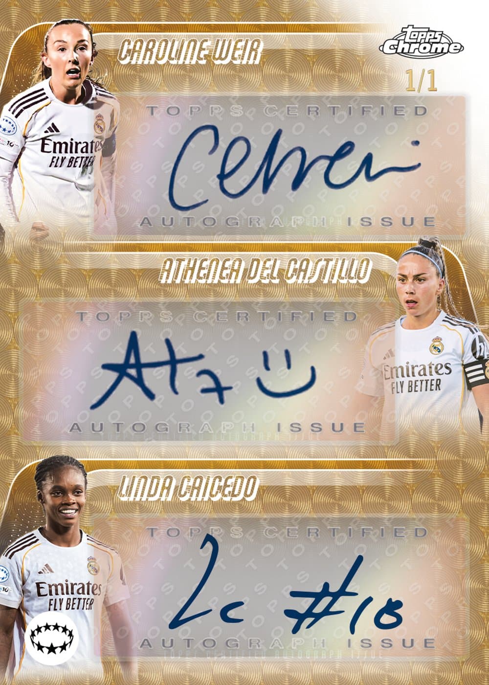 CRF soccer trading card, 3404 26 WUCC CHROME TRIPLE AUTO parallel from 2025-26 Topps Chrome UEFA Women's Champions League by Topps