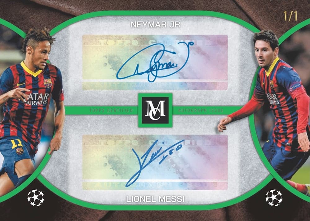 CARD soccer trading card, NEYMAR MESSI parallel from 2025-26 Topps Museum Collection UEFA Club Competitions by Topps