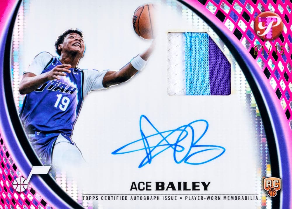 Ace Bailey basketball trading card, Pristine Pieces Auto Relic Pristine Pink parallel from 2025-26 Topps Pristine Basketball by Topps