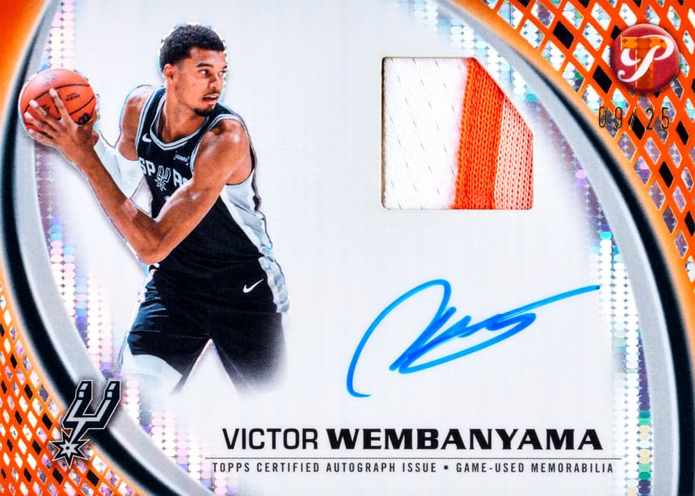 Victor Wembanyama basketball trading card, Pristine Pieces Auto Relic Pristine Orange parallel from 2025-26 Topps Pristine Basketball by Topps