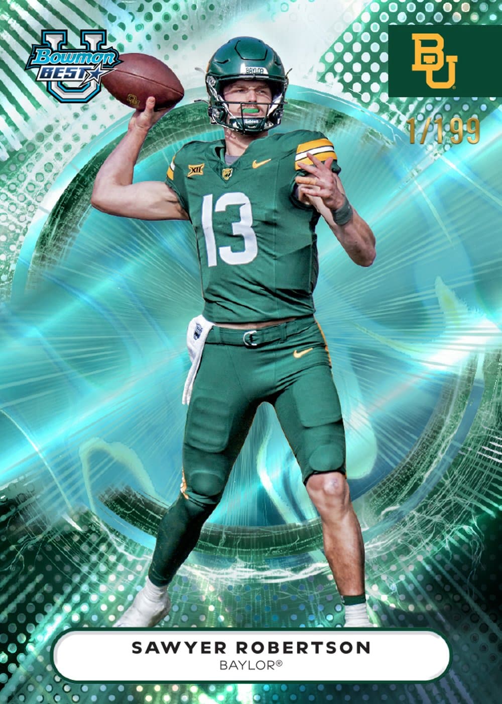 Aqua football trading card, 25 BBFB 1015 FR parallel from 2025 Bowman University Best Football by Topps