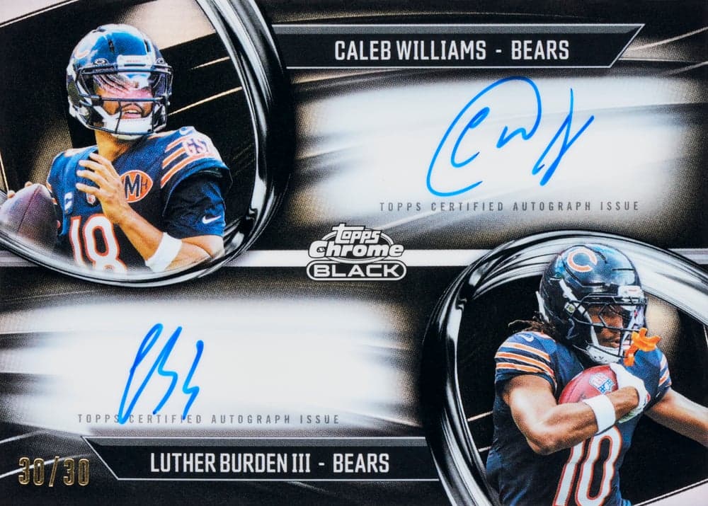 Luther Burden III football trading card, Pitch Black Pairings Dual Autos Base Caleb Williams parallel from 2025 Topps Chrome Black Football by Topps