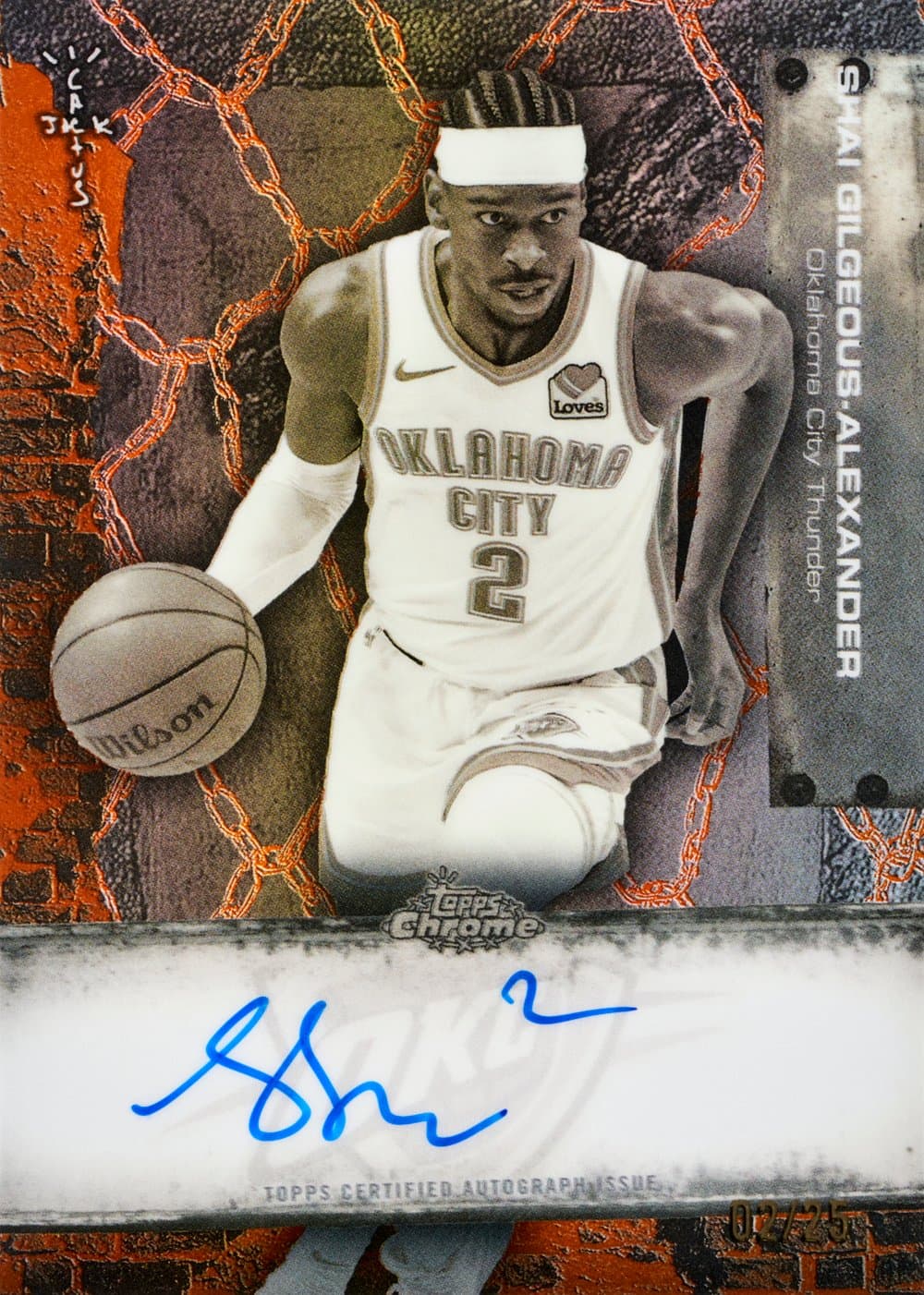 Shai Gilgeous-Alexander basketball trading card, 2025 Topps Chrome Cactus Jack Basketball Base Auto Variation Orange Refractor parallel from 2025 Topps Chrome Cactus Jack Basketball by Topps