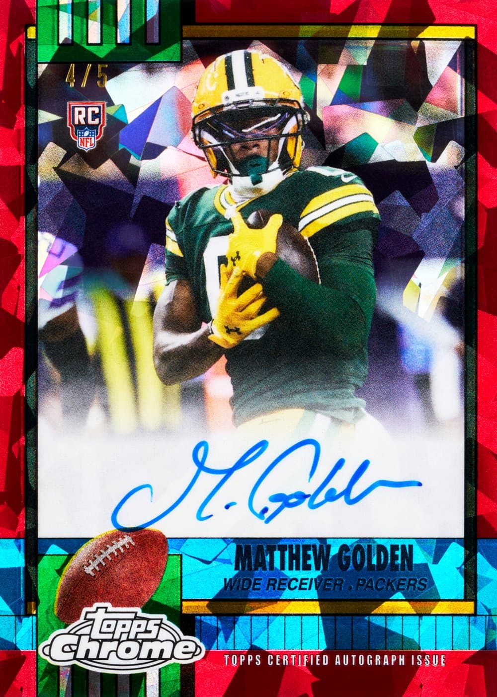 Matthew Golden football trading card, 2025 Topps Chrome Football Sapphire Edition 1990 Topps Football Auto Red Sapphire parallel from 2025 Topps Chrome Football Sapphire Edition by Topps