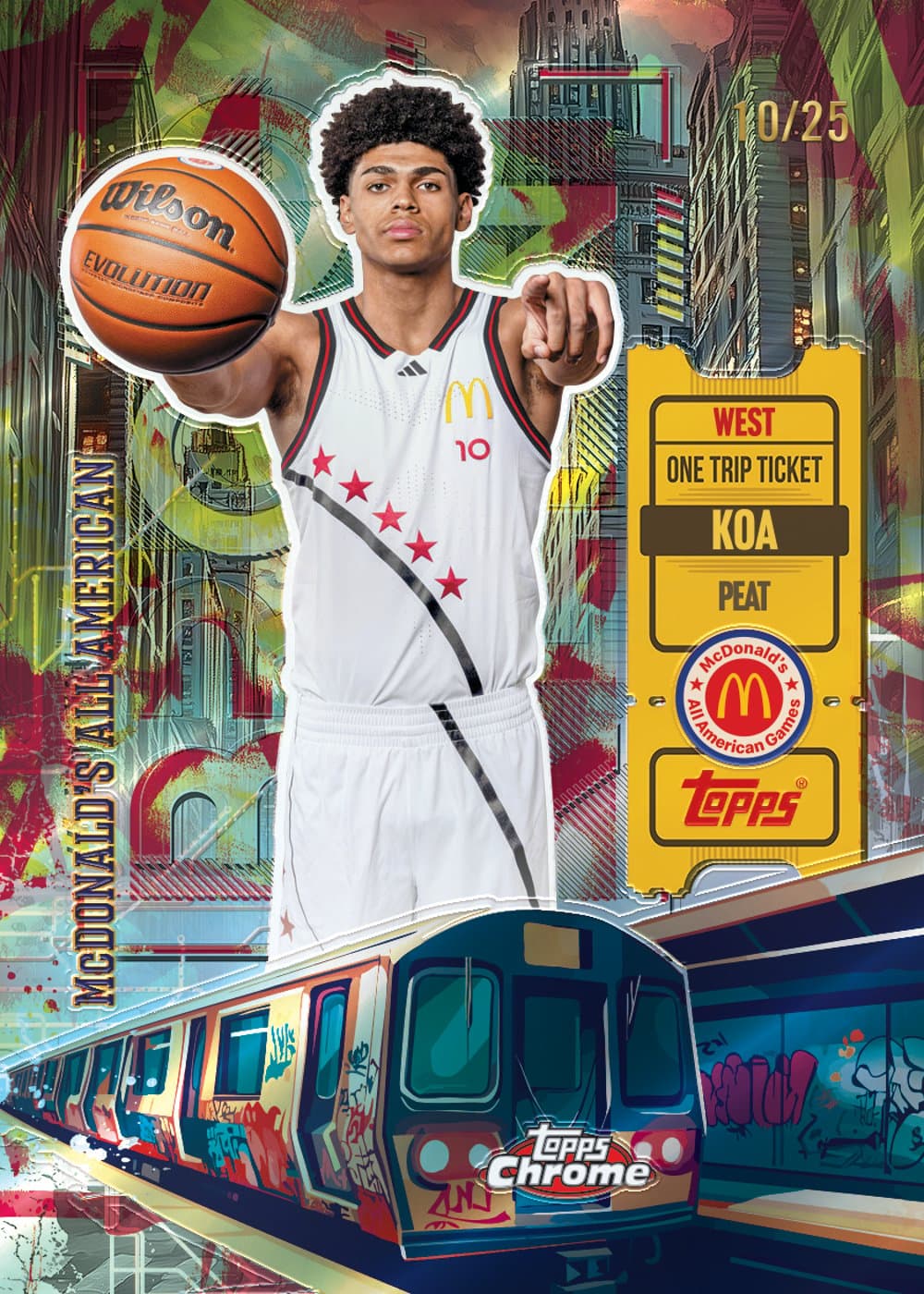Tie Dye Refractor basketball trading card, 25 TCMA 2013 High Rise Koa Peat FR parallel from 2025 Topps Chrome McDonald's All-American Basketball by Topps