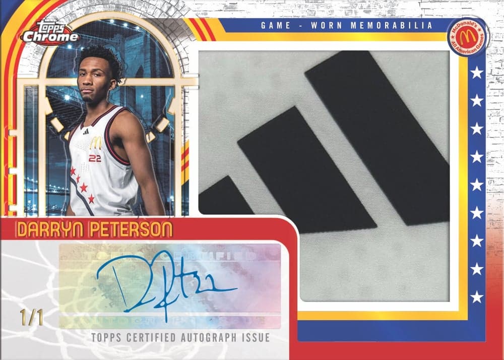 Logo Patch basketball trading card, 25 TCMA 4012 Autograph Relic Darryn Peterson FR Adidas parallel from 2025 Topps Chrome McDonald's All-American Basketball by Topps