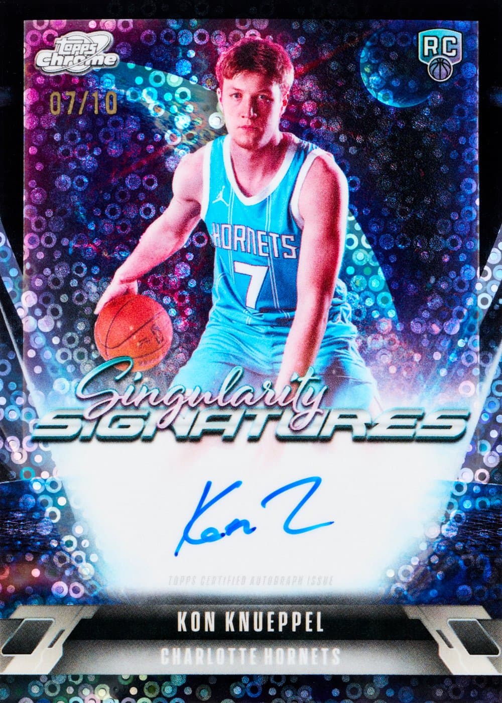 Kon Knueppel basketball trading card, 2026 Topps Cosmic Chrome Basketball Singularity Signatures Black Eclipse Refractor parallel from 2025 Topps Cosmic Chrome Basketball by Topps