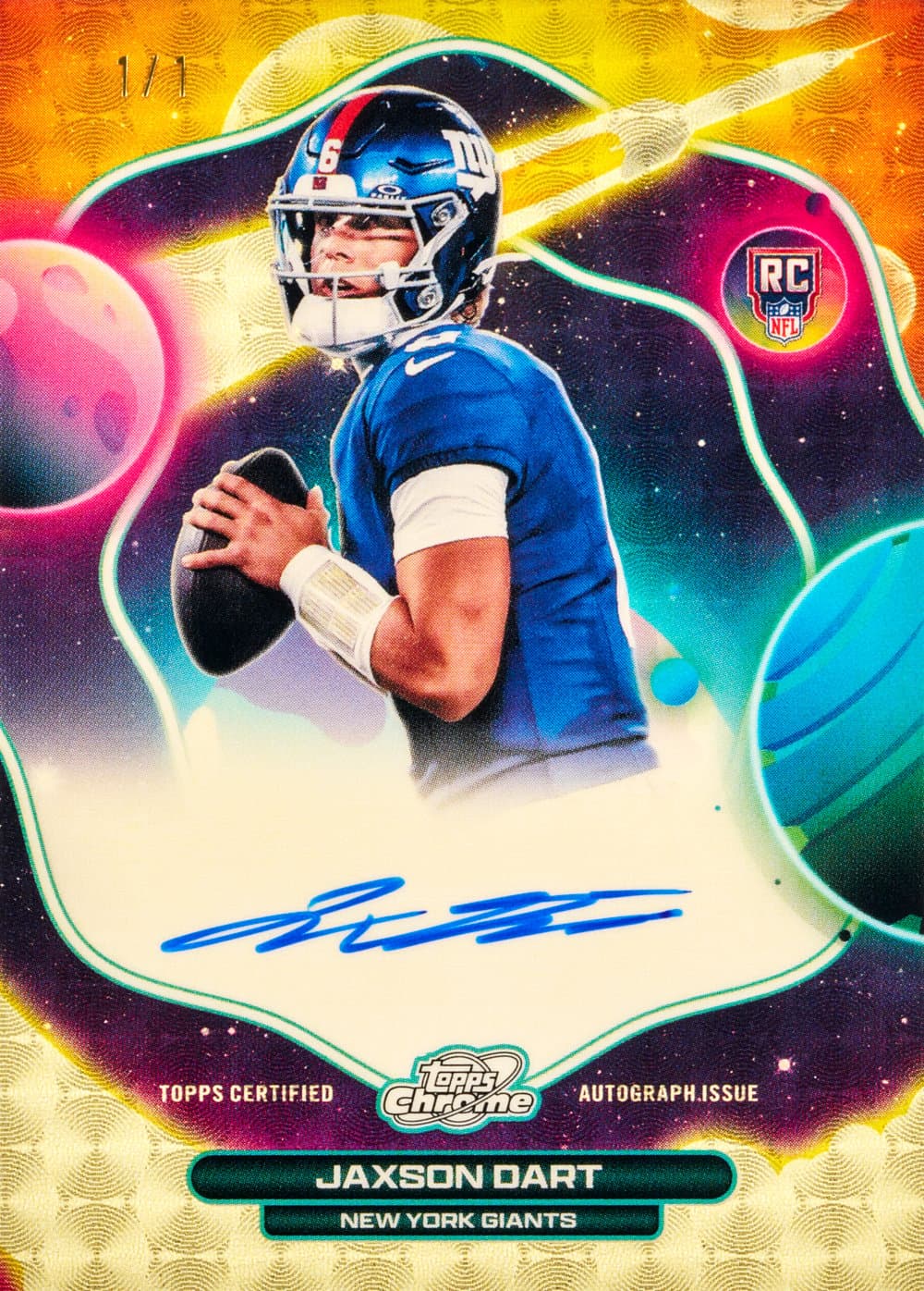 Jaxson Dart football trading card, First Flight Signatures Superfractor parallel from 2025 Topps Cosmic Chrome Football by Topps