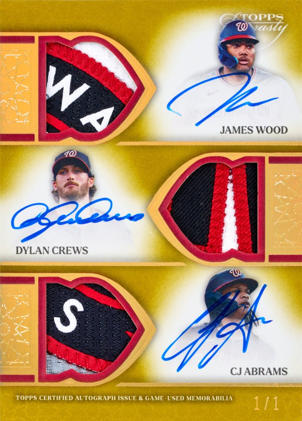 Abrams baseball trading card, Triple Autographed Patch Card Gold Wood Crews parallel from 2025 Topps Dynasty Baseball by Topps