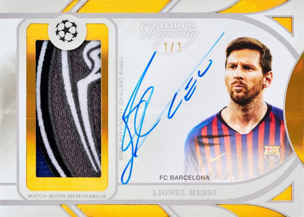 Lionel Messi soccer trading card, 2025 Topps Dynasty UEFA Champions League Soccer Dynasty Auto Patch Legends APL-LM1 Gold parallel from 2025 Topps Dynasty UEFA Club Competitions by Topps