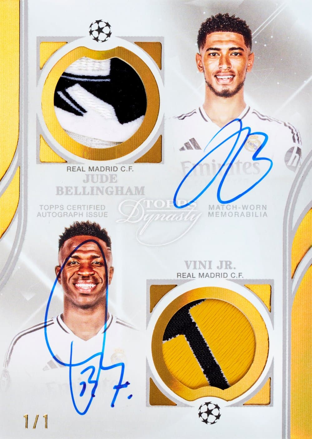 Vini Jr soccer trading card, 2025 Topps Dynasty UEFA Champions League Soccer Dynasty Dual Auto Patch Veterans And Rookies Gold Jude Bellingham parallel from 2025 Topps Dynasty UEFA Club Competitions by Topps