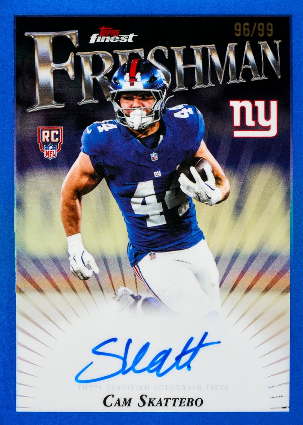 Cam Skattebo football trading card, Finest Freshman Auto Blue Refractor parallel from 2025 Topps Finest Football by Topps