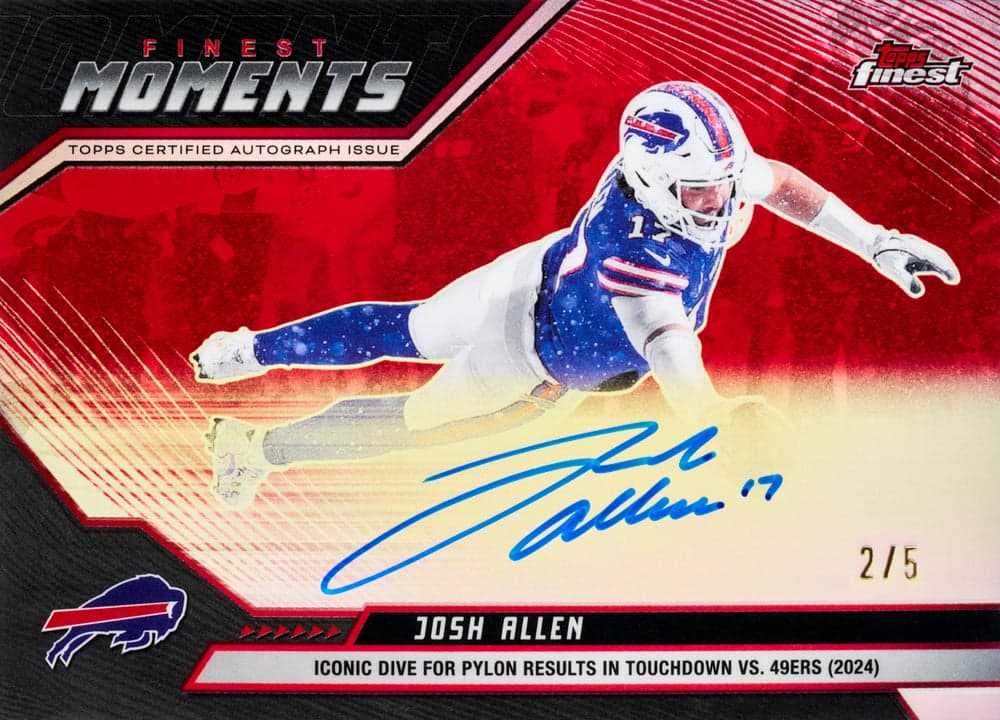 Josh Allen football trading card, Finest Moments Auto Red Refractor parallel from 2025 Topps Finest Football by Topps