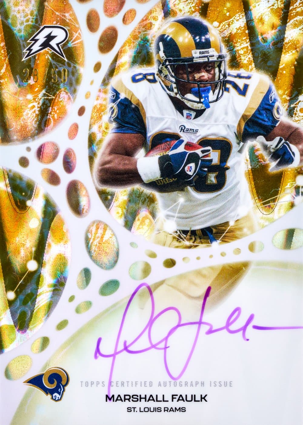Marshall Faulk football trading card, Molecular Marks Gold Power Surge parallel from 2025 Topps Resurgence Football by Topps