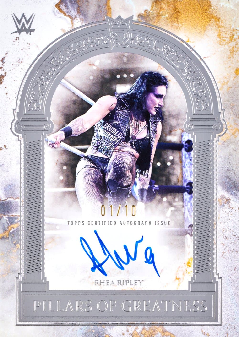 Rhea Ripley wwe trading card, 2025 Topps Royalty Collection WWE Pillars Of Greatness Signatures Silver parallel from 2025 Topps Royalty WWE by Topps