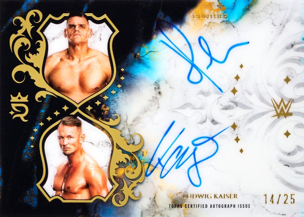 Ludwig Kaiser wwe trading card, Dual Autos Gold Gunther parallel from 2025 Topps Royalty WWE by Topps