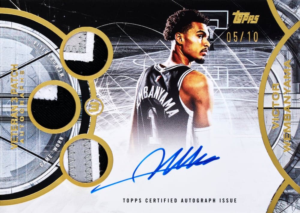 Victor Wembanyama basketball trading card, 2026 Topps 3 Basketball Veteran3 Patch Auto Gold parallel from 2025 Topps Three Basketball by Topps