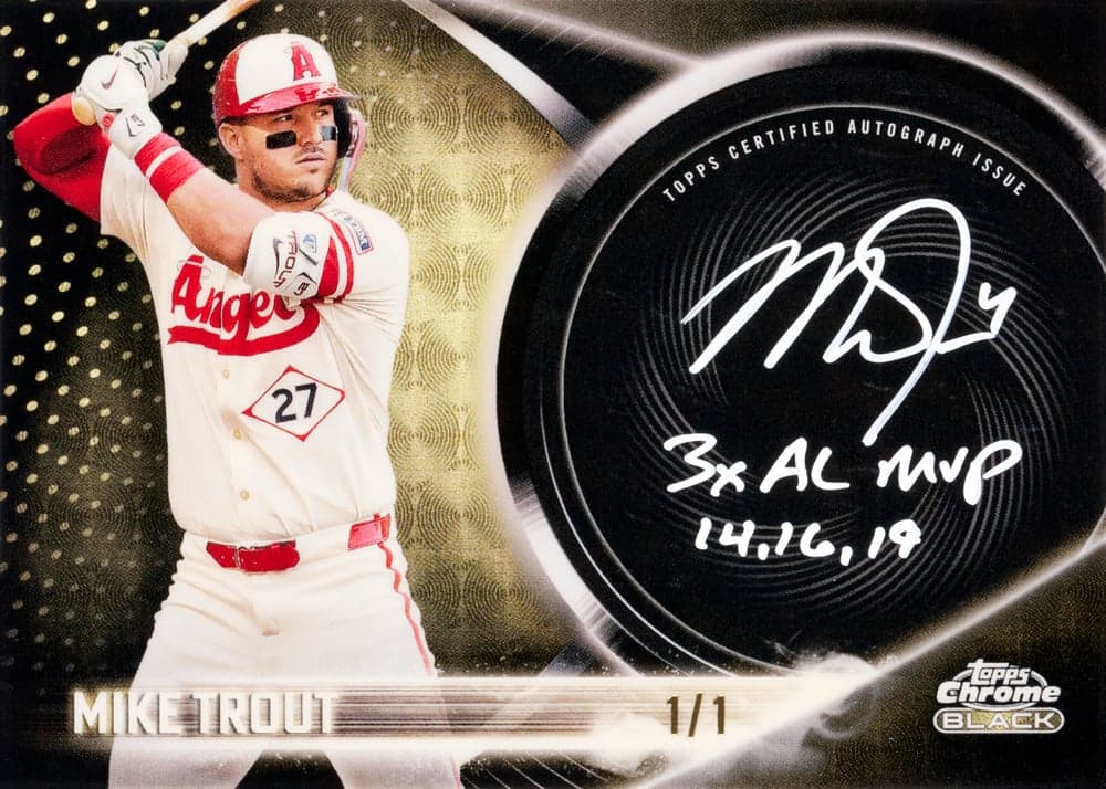 Mike Trout baseball trading card, Paint It Superfractor parallel from 2026 Topps Chrome Black Baseball by Topps