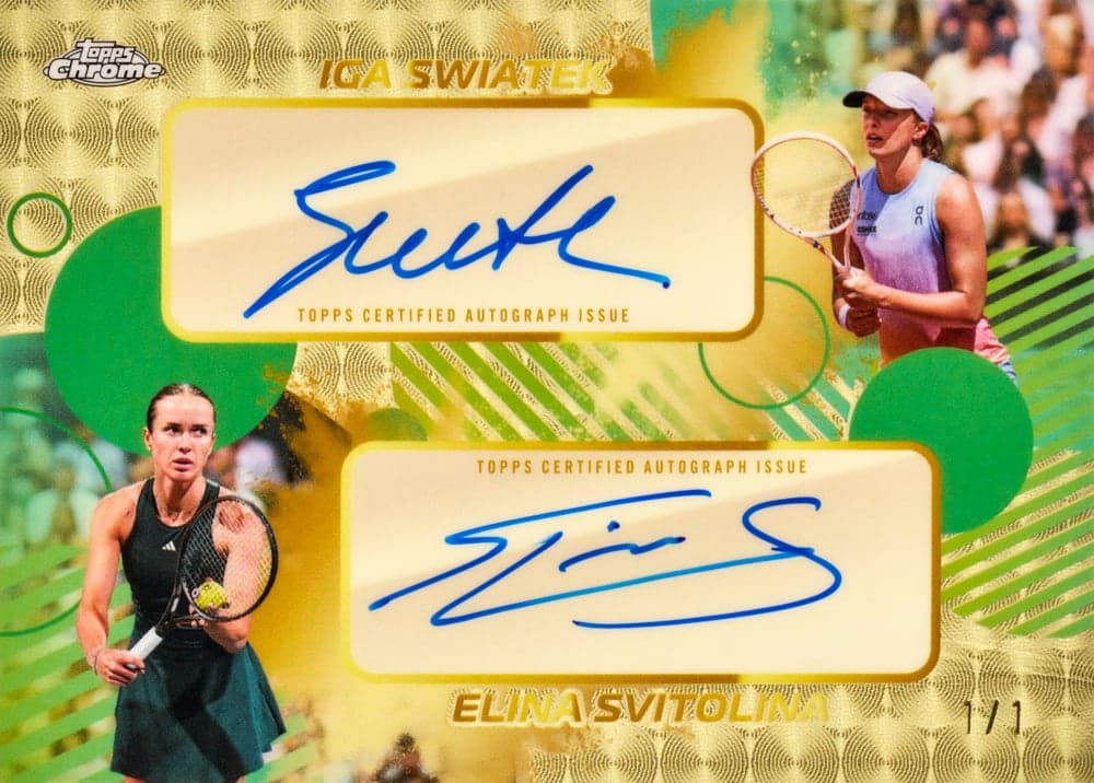 Elina Svitolina tennis trading card, Dual Auto Superfractor Iga Swiatek parallel from 2026 Topps Chrome Tennis by Topps
