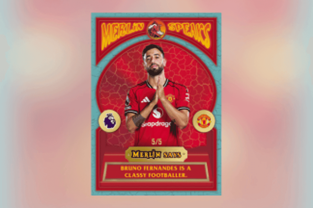 PL soccer trading card, RIPPED SMALL BLOCK - DROPPING SOON MERLIN parallel from 2026 Topps Merlin Premier League by Topps
