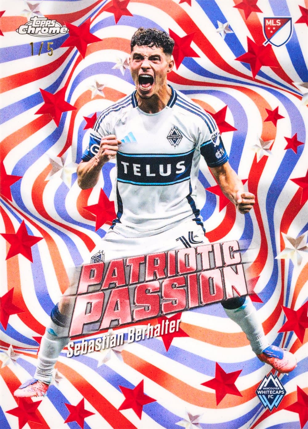 Sebastian Berhalter soccer trading card, 2026 Topps MLS Chrome Soccer Patriotic Passion Red parallel from 2026 Topps Chrome MLS by Topps