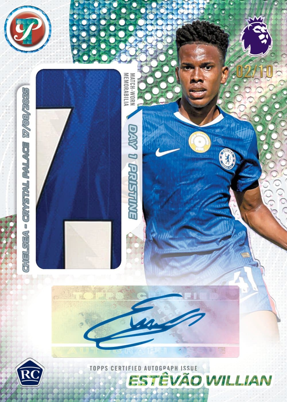 Malachite Parallel soccer trading card, 26 PRMP 3402 FR parallel from 2026 Topps Pristine Premier League by Topps