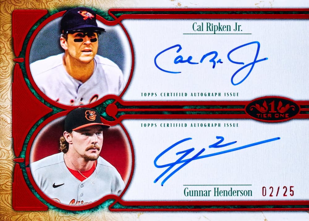 Gunnar Henderson baseball trading card, 2026 Topps Tier One Baseball Dual Auto Red Foil Cal Ripken Jr parallel from 2026 Topps Tier One Baseball by Topps