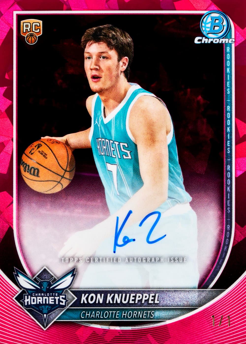 Kon Knueppel basketball trading card, 2025 Bowman NBA Basketball Sapphire Edition Base Chrome Auto Padparadscha parallel from Bowman Basketball Sapphire Edition by Topps