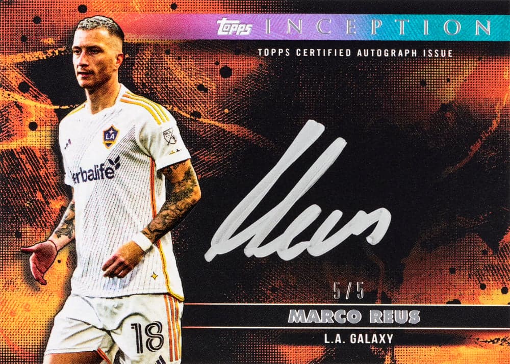Marco Reus soccer trading card, 2025 Topps MLS Inception ECOM Soccer Silver Signings Auto Orange parallel from Topps Inception MLS by Topps