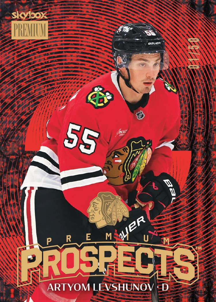 Levshunov trading card, 2025 26 NHL Skybox MU F22 pg64 crd PP24 parallel from 2025-26 Skybox Metal Universe Hockey by Upper Deck