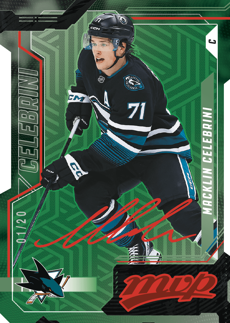 Celebrini trading card, 26 27 MVP F20 pg4 crd CC4 parallel from 2026-27 MVP by Upper Deck