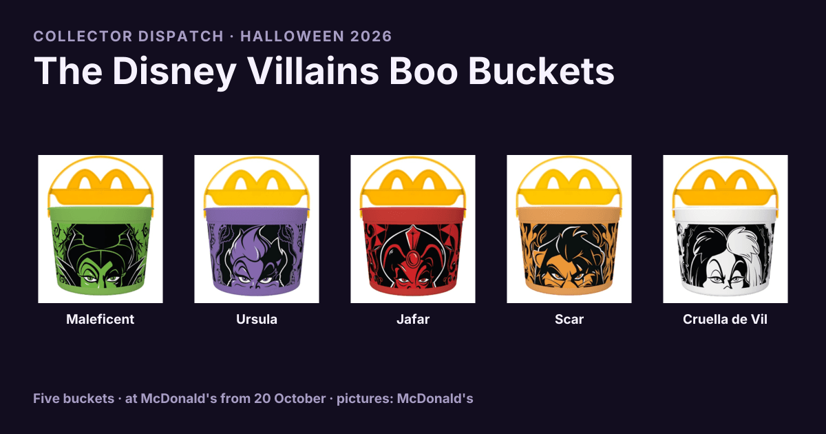All five 2026 Disney Villains Boo Buckets side by side: Maleficent, Ursula, Jafar, Scar and Cruella de Vil.