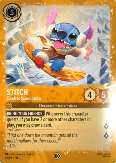 Stitch - Carefree Snowboarder, a promo card from Disney Lorcana: Promo Set 3