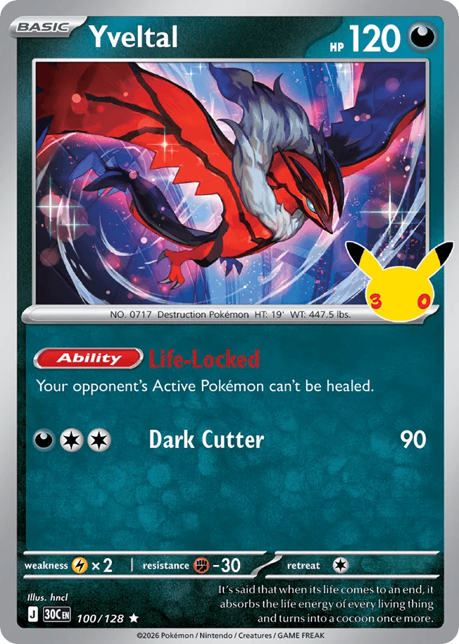 Yveltal, card 100, from Pokemon TCG: 30th Celebration