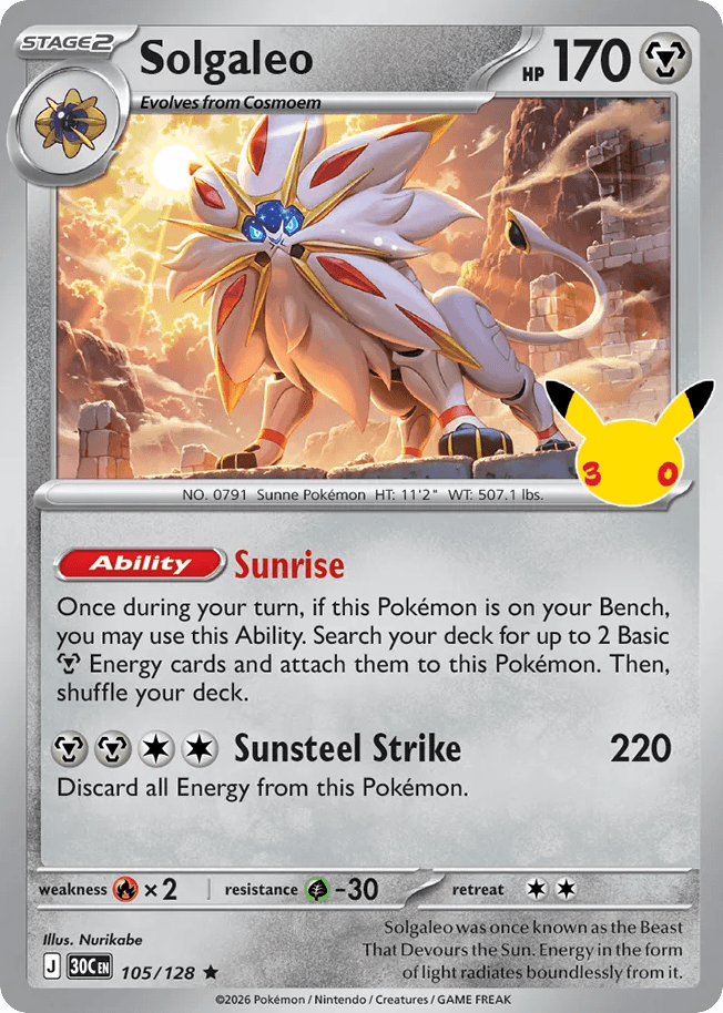 Solgaleo, card 105, from Pokemon TCG: 30th Celebration