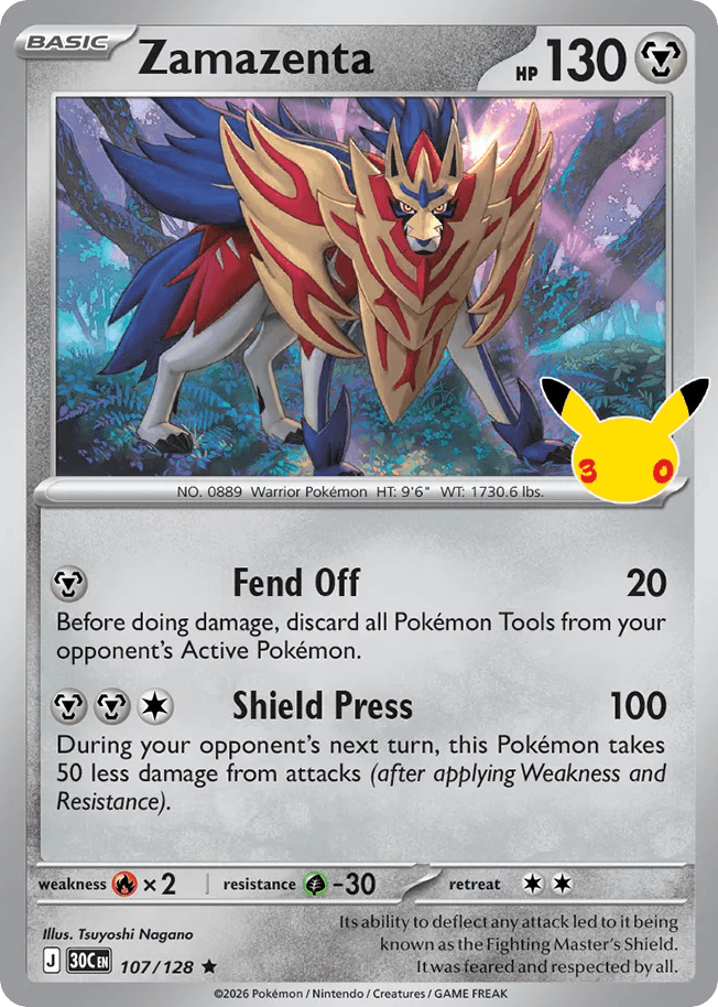 Zamazenta, card 107, from Pokemon TCG: 30th Celebration