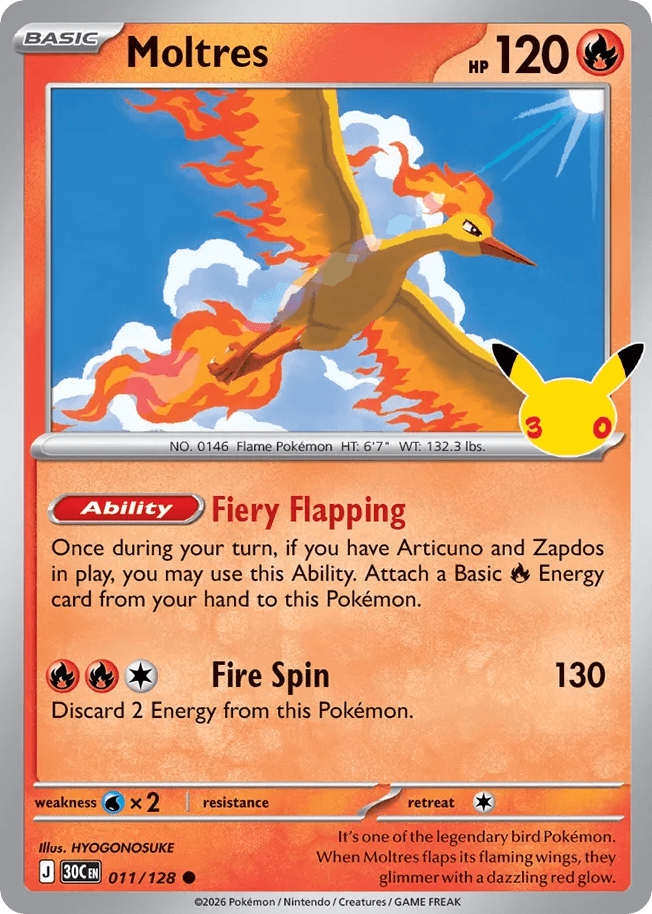Moltres, card 11, from Pokemon TCG: 30th Celebration