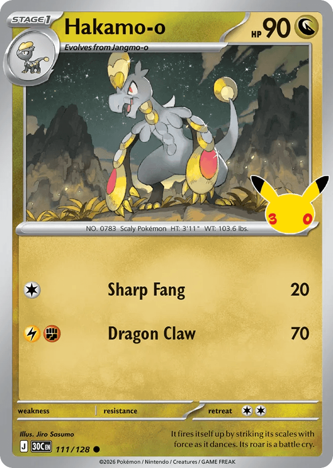 Hakamo-o, card 111, from Pokemon TCG: 30th Celebration