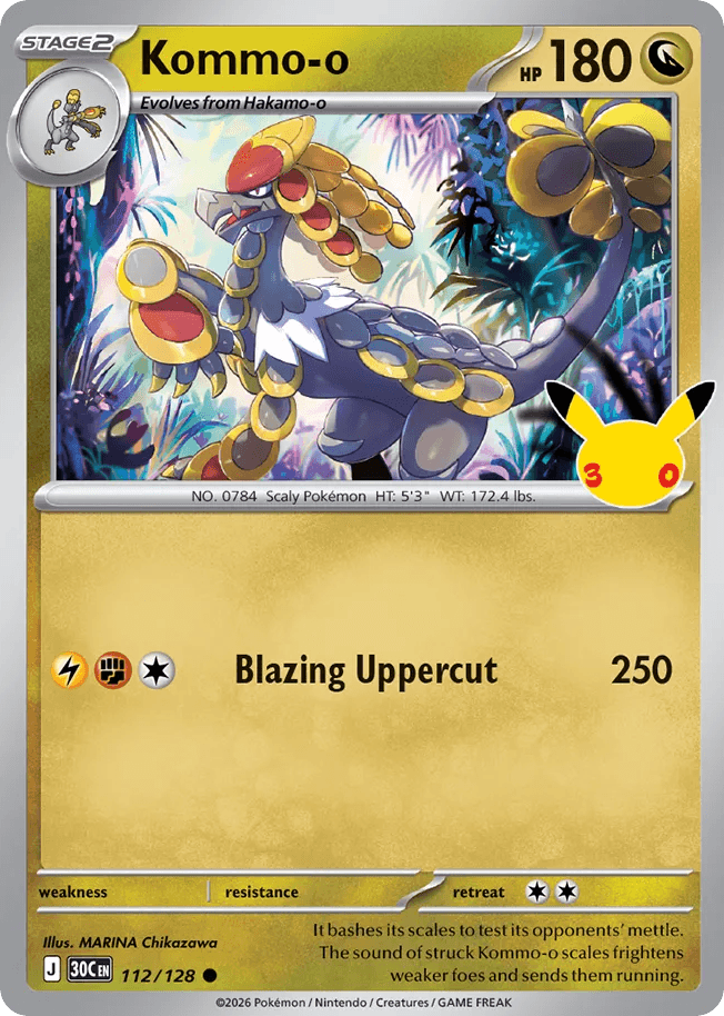 Kommo-o, card 112, from Pokemon TCG: 30th Celebration