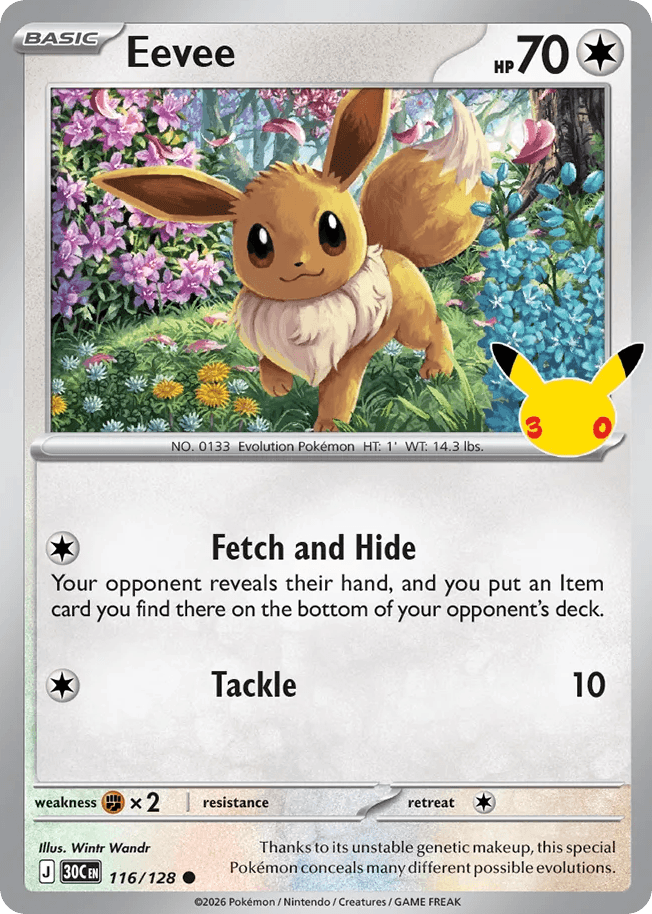 Eevee, card 116, from Pokemon TCG: 30th Celebration