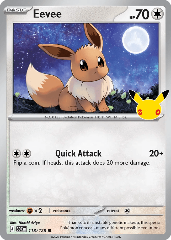 Eevee, card 118, from Pokemon TCG: 30th Celebration