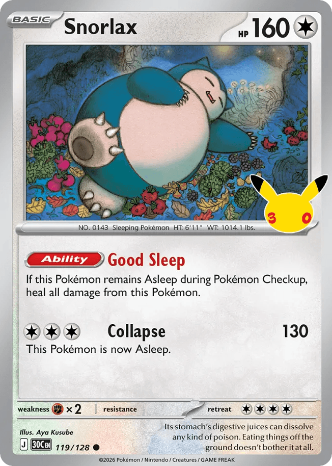 Snorlax, card 119, from Pokemon TCG: 30th Celebration