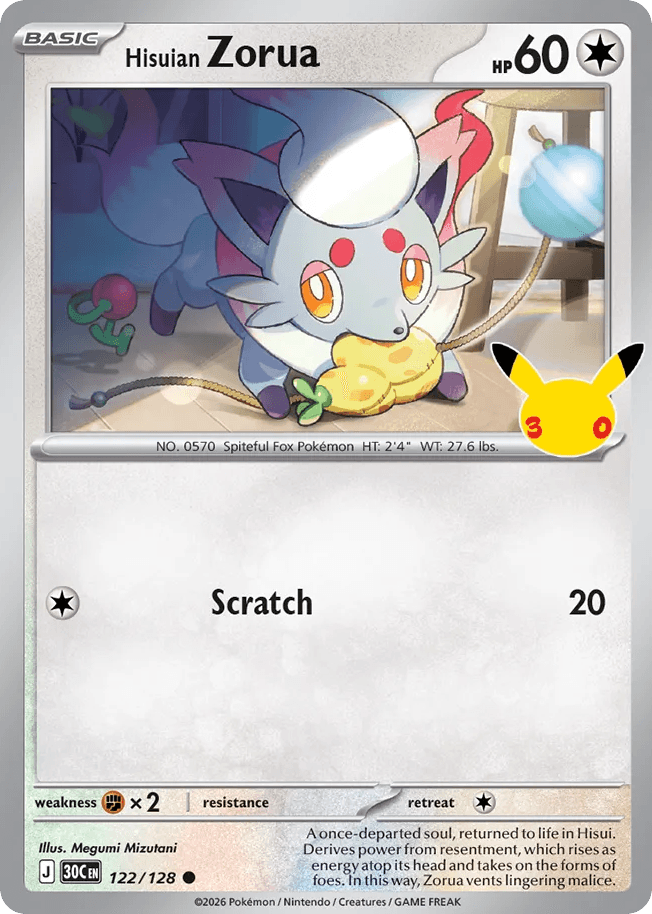 Hisuian Zorua, card 122, from Pokemon TCG: 30th Celebration