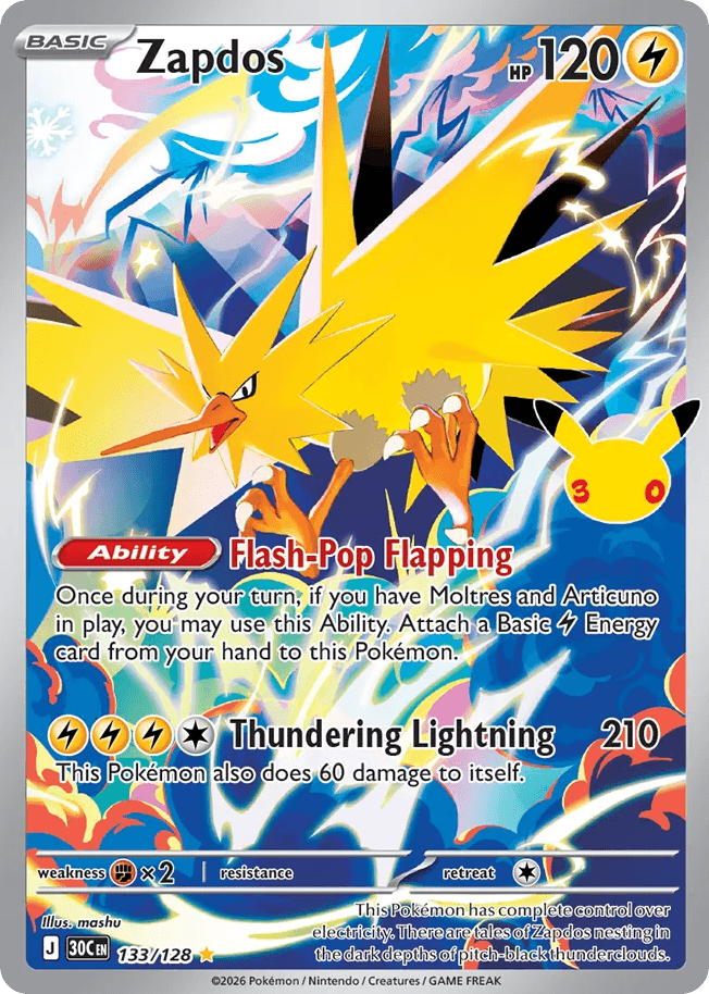 Zapdos, card 133, from Pokemon TCG: 30th Celebration