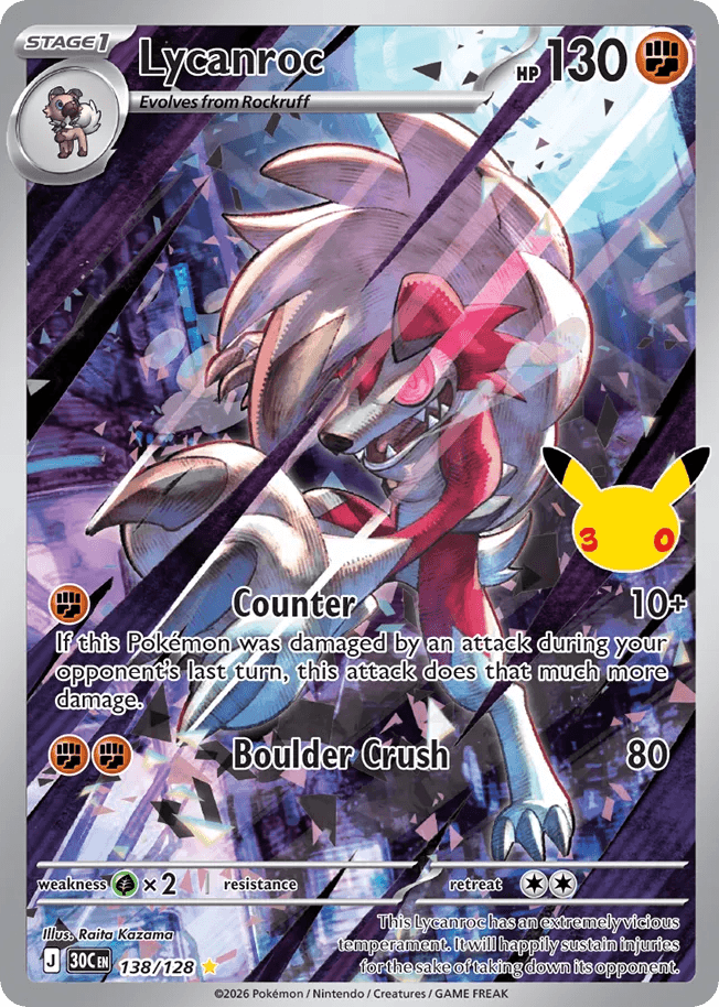 Lycanroc, card 138, from Pokemon TCG: 30th Celebration