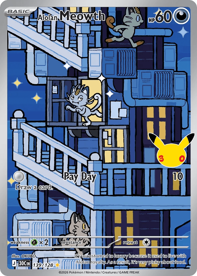 Alolan Meowth, card 139, from Pokemon TCG: 30th Celebration