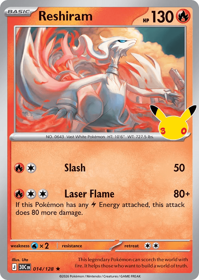 Reshiram, card 14, from Pokemon TCG: 30th Celebration