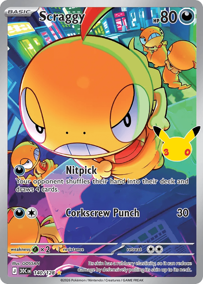 Scraggy, card 140, from Pokemon TCG: 30th Celebration